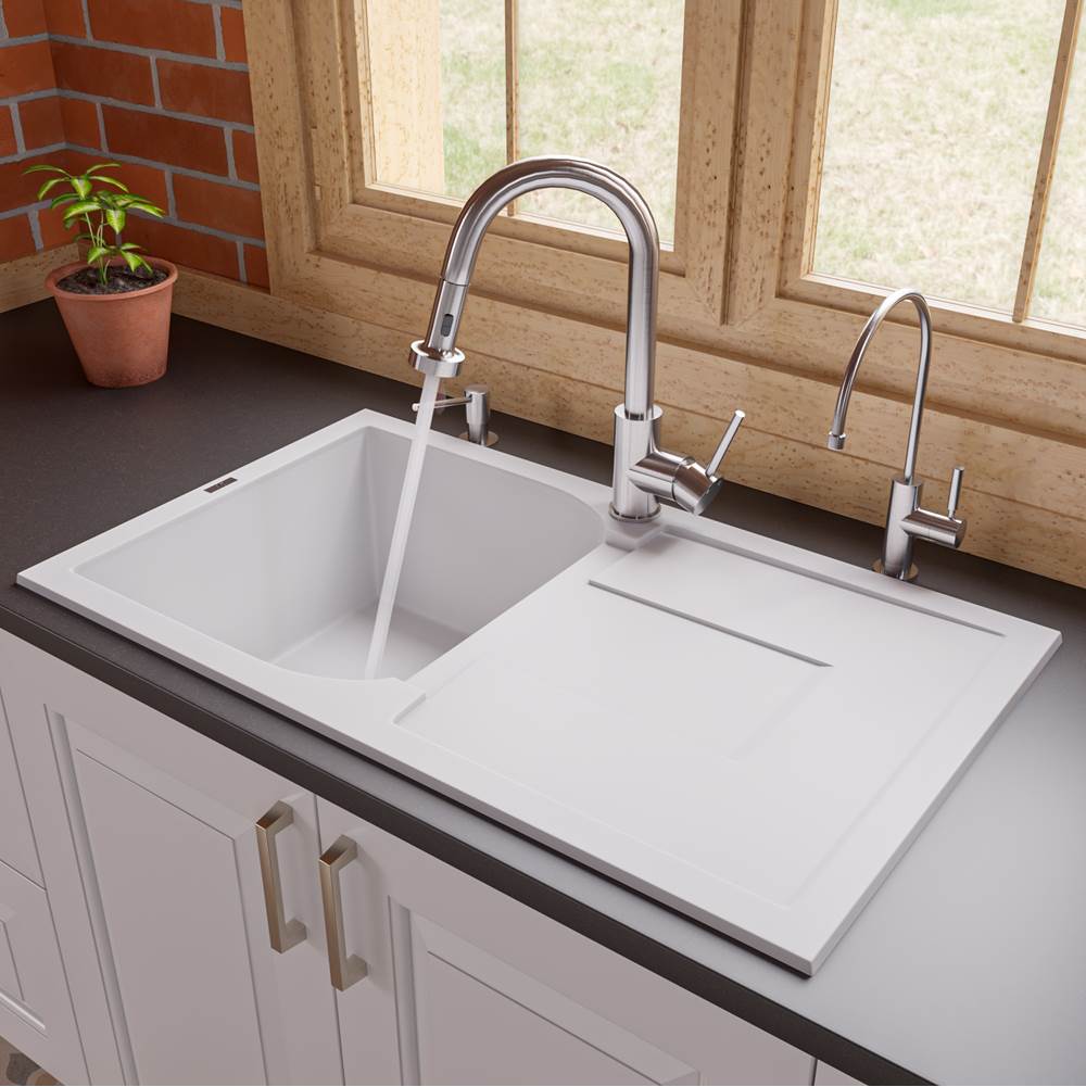 Alfi Trade White 34'' Single Bowl Granite Composite Kitchen Sink with Drainboard