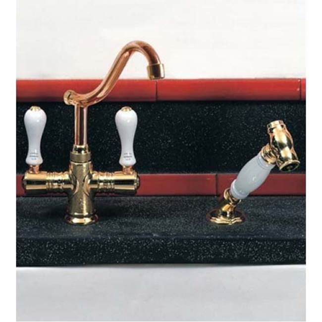 Herbeau ''Namur'' Single-Hole Kitchen / Bar / Lavatory Mixer with Handspray in Wooden Handles, French Weathered Copper and Brass