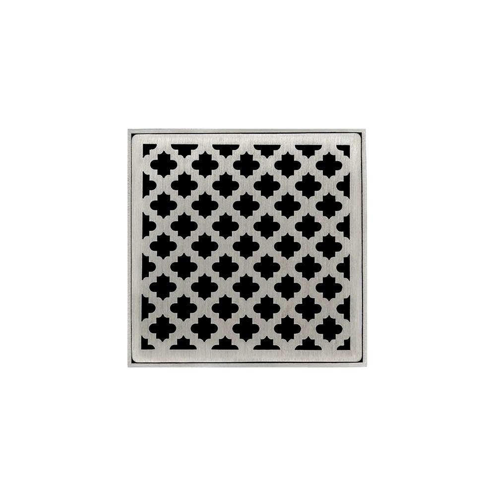 Infinity Drain 5'' x 5'' MDB 5 Complete Kit with Moor Pattern Decorative Plate in Satin Stainless with ABS Bonded Flange Drain Body, 2'', 3'' and 4'' Outlet