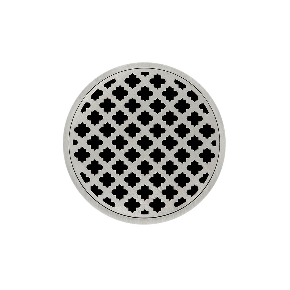 Infinity Drain 5'' Round RMD 5 Complete Kit with Moor Pattern Decorative Plate in Satin Stainless with Cast Iron Drain Body for Hot Mop, 2'' Outlet