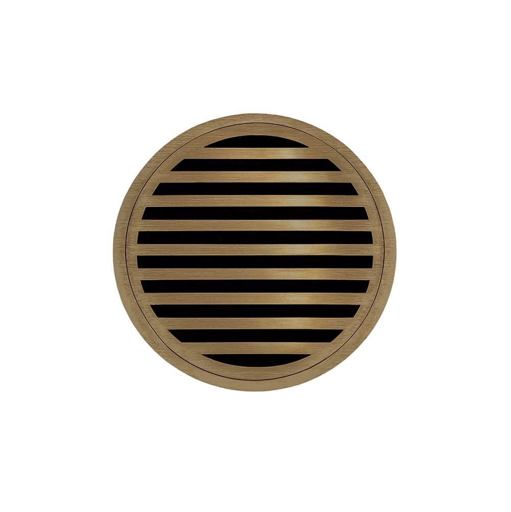 Infinity Drain 5'' Round RNDB 5 Complete Kit with Lines Pattern Decorative Plate in Satin Bronze with Stainless Steel Bonded Flange Drain Body, 2'' No Hub Outlet