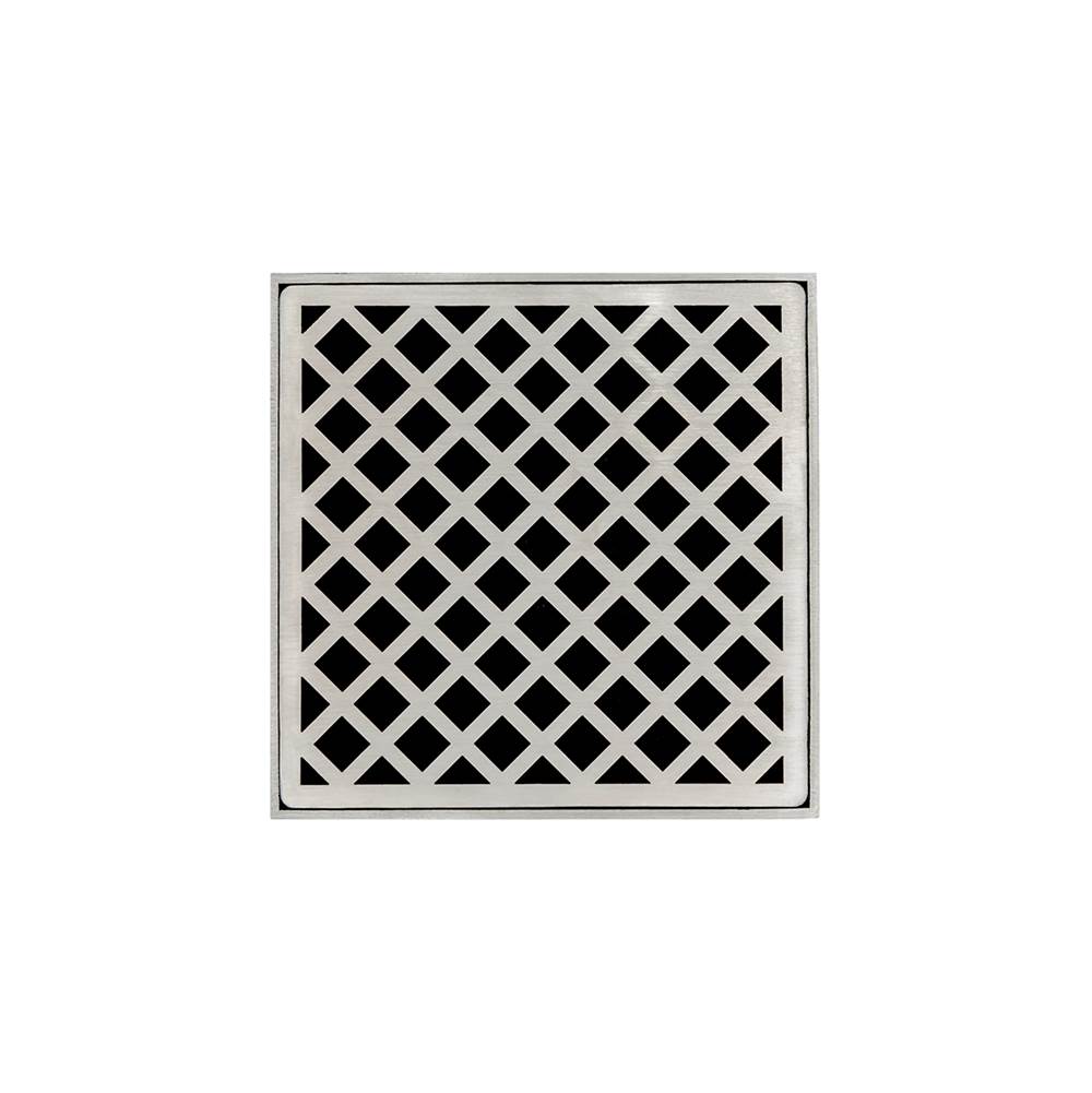 Infinity Drain 5'' x 5'' XD 5 Complete Kit with Criss-Cross Pattern Decorative Plate in Satin Stainless with Cast Iron Drain Body, 2'' Outlet