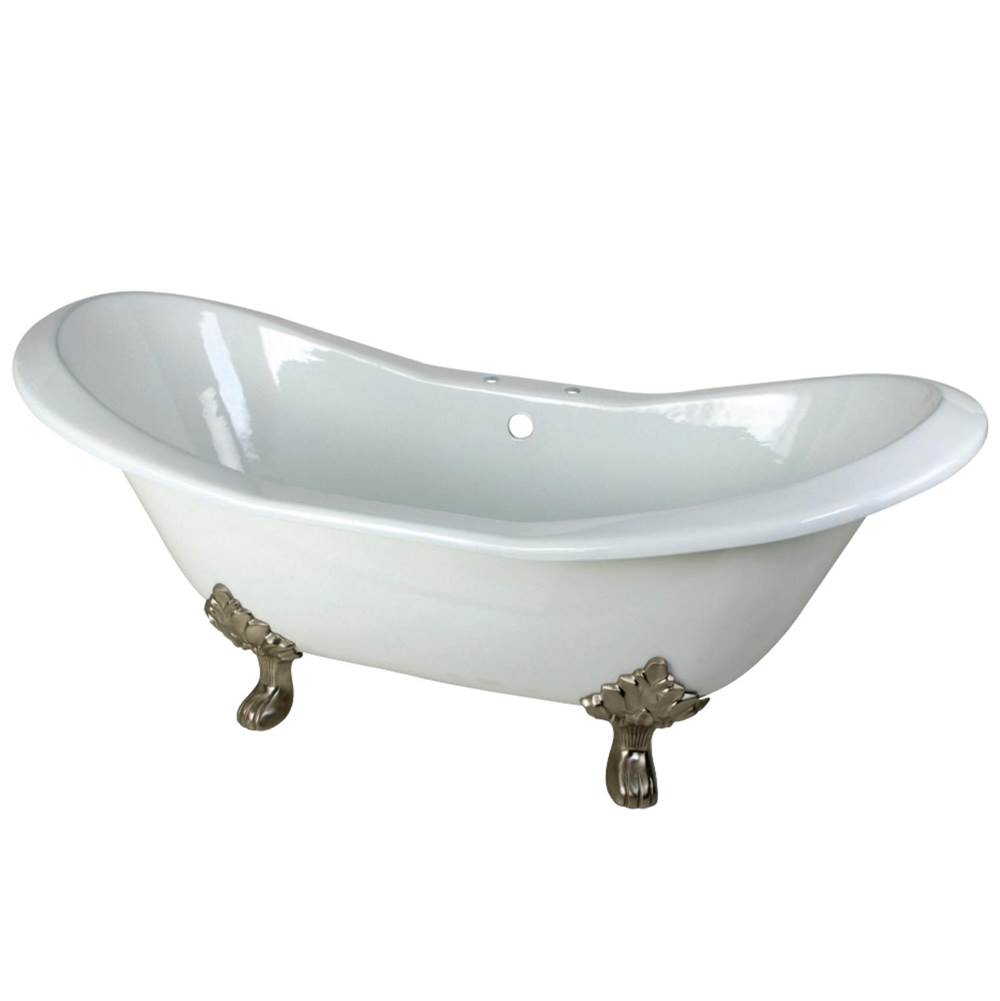 Kingston Brass Aqua Eden 72-Inch Cast Iron Double Slipper Clawfoot Tub with 7-Inch Faucet Drillings, White/Brushed Nickel