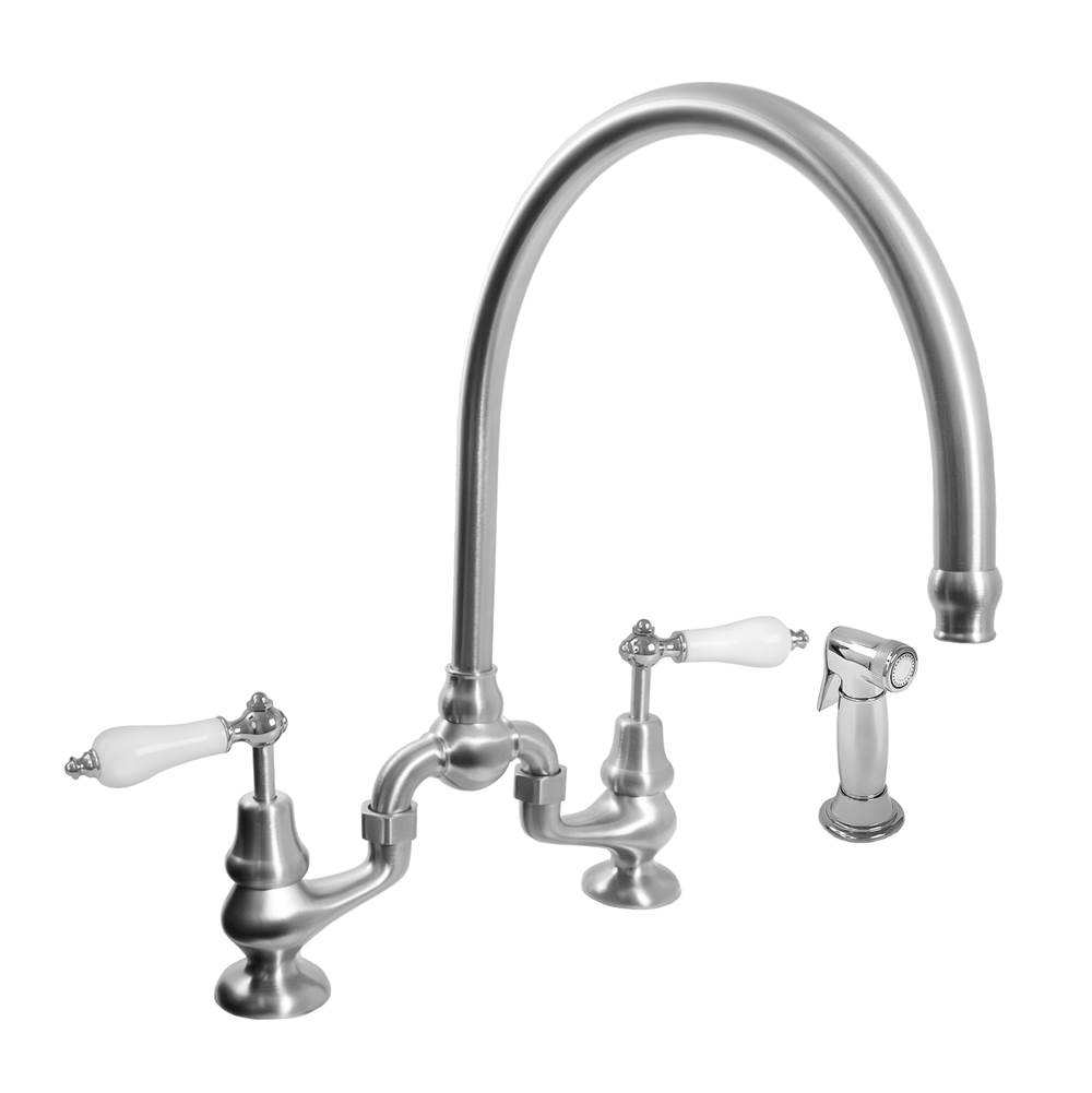 Sigma Sancerre Bridge Kitchen Faucet with High-Arc Spout, Handspray, and 485 Porcelain Lever in Antique Brass