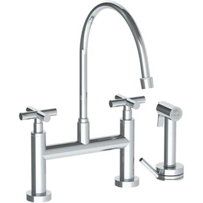 Watermark Deck Mounted Bridge Extended Gooseneck Kitchen Faucet with Independent Side Spray